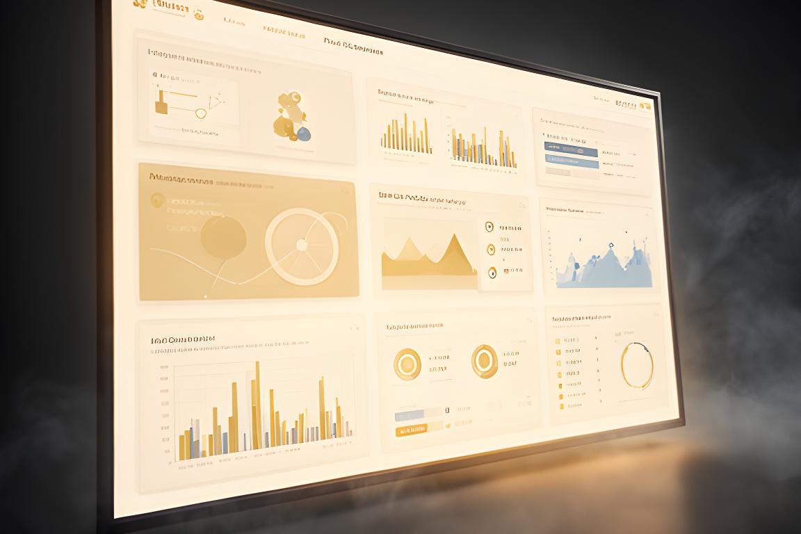 AI dashboard wireframe on a large studio screen with live charts and highlighted metrics