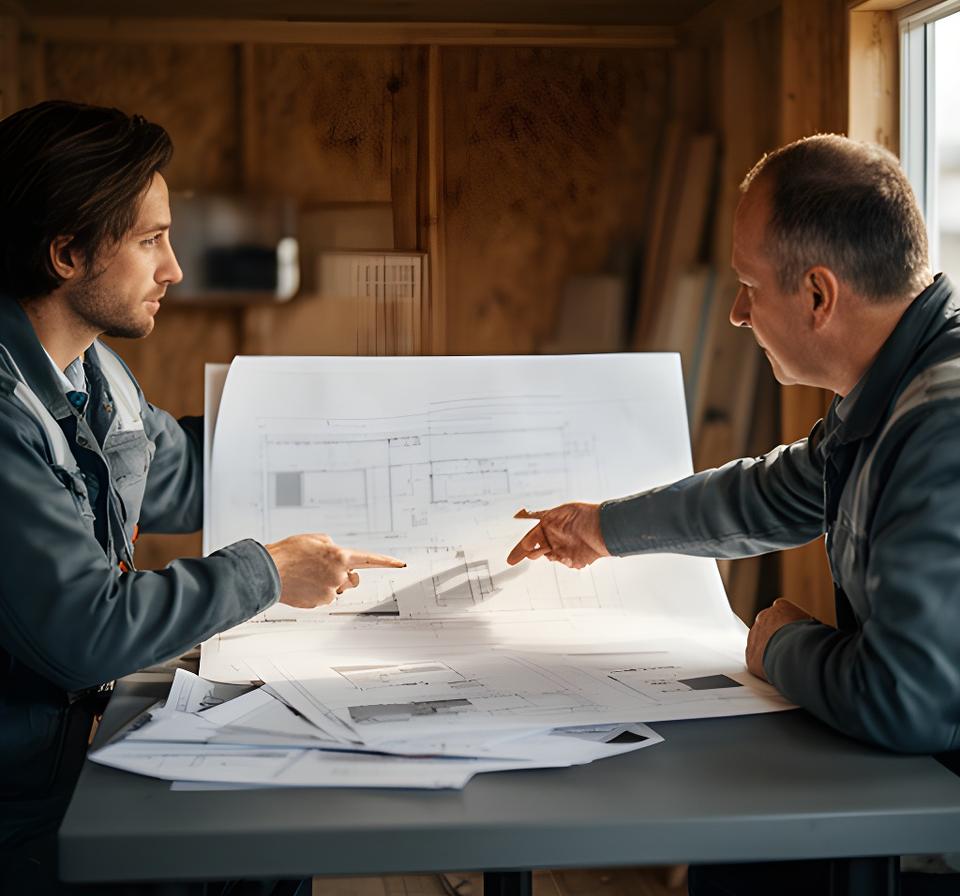 Quantity surveyor and site director discussing project cost trends over printed plans in a site cabin
