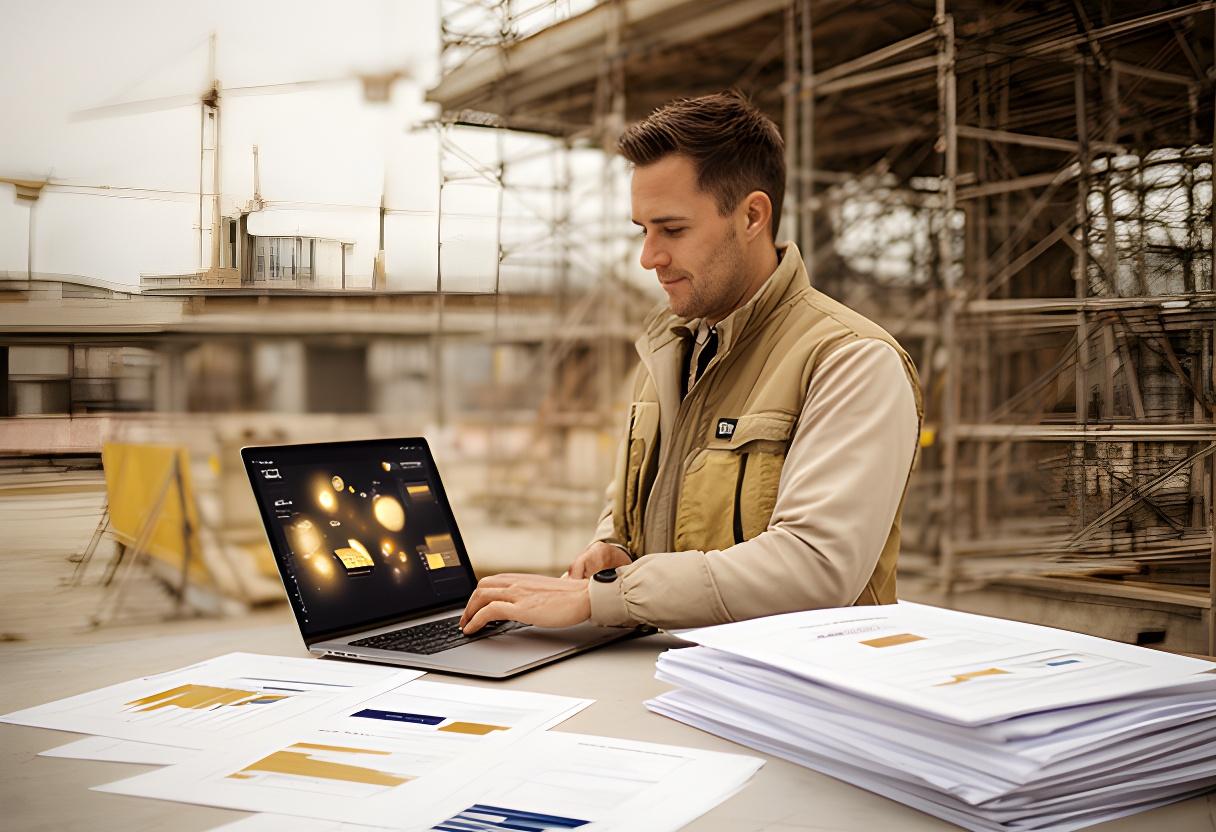 Construction manager reviewing a predictive cost dashboard on site with scaffolding and a printed programme beside him