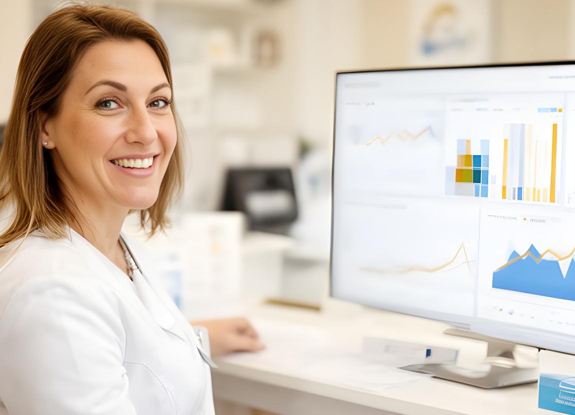 Smiling practice manager reviewing a live dashboard beside a reception desk in a bright UK dental clinic