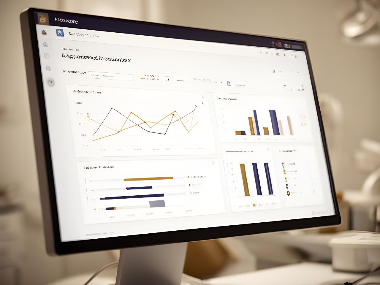 Modern dental analytics dashboard displayed on a studio screen with treatment trends, retention metrics and chair usage charts