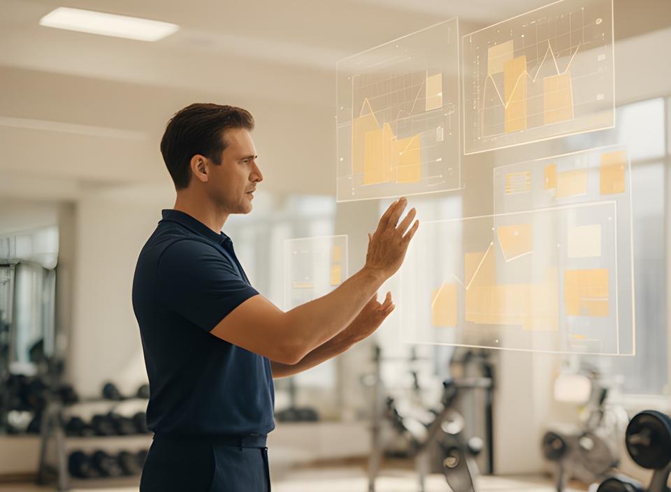 Modern gym manager reviewing an AI dashboard beside a bright training floor with member check-in overlays