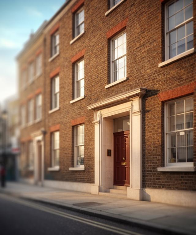Brick-front London office exterior on Islip Street with a quiet entrance and soft afternoon light