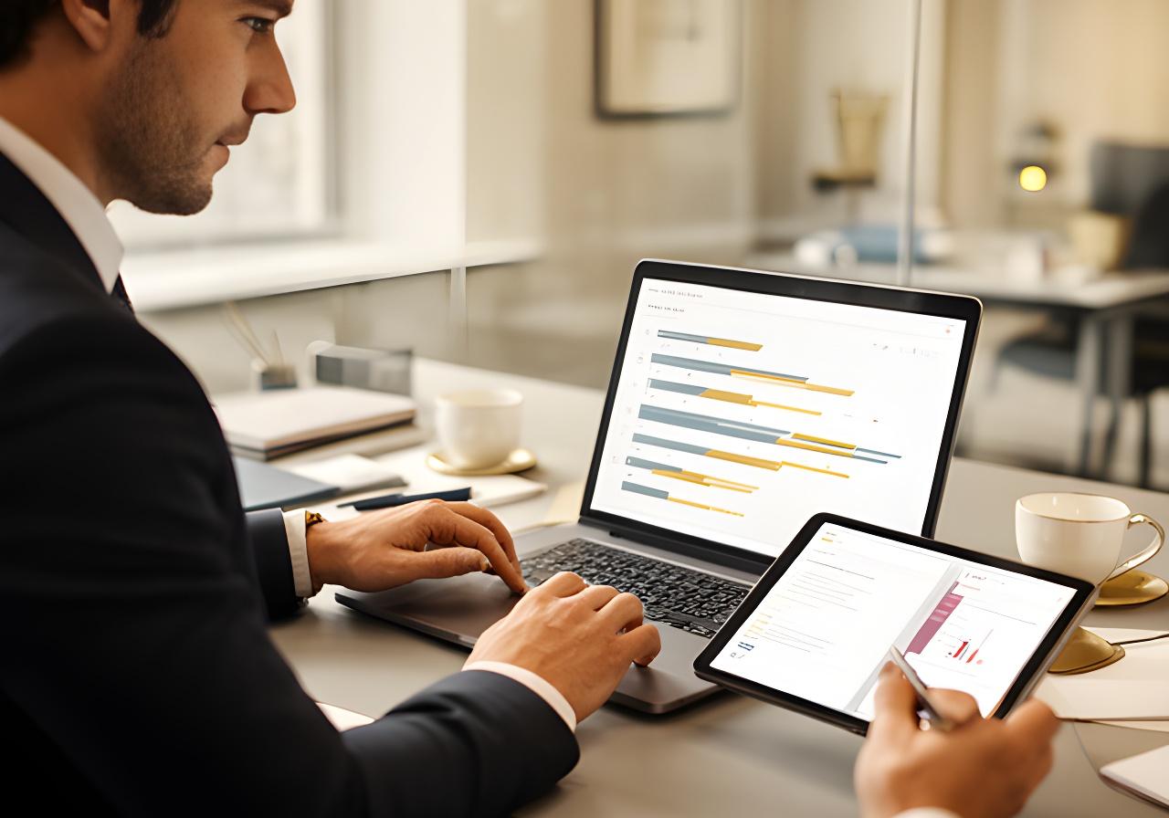 Partner reviewing a predictive legal dashboard in a modern London office with charts and case timelines