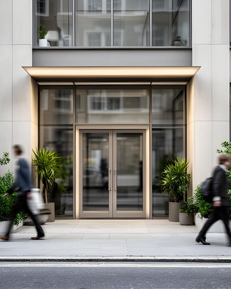Modern office building entrance on a quiet London street with greenery and pedestrians outside