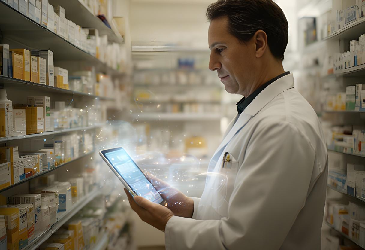 Independent pharmacist reviewing an AI stock dashboard beside neatly arranged medicine shelves in a London pharmacy