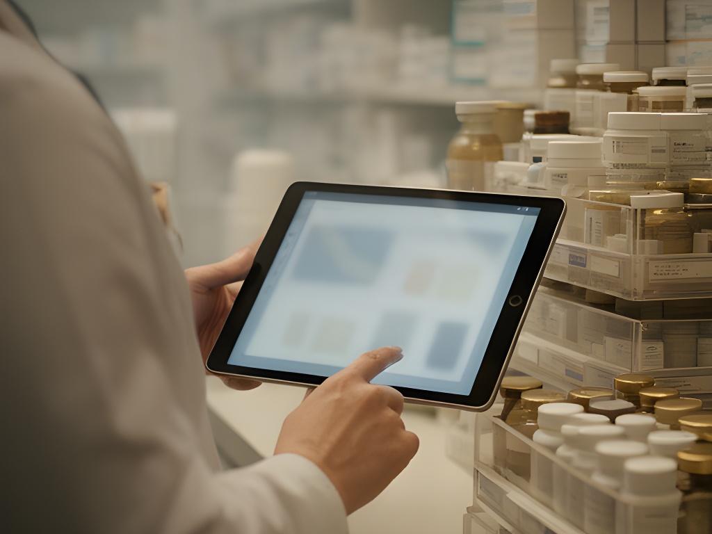 Pharmacy manager reviewing a forecast workflow on a tablet beside medicine stock trays and reorder notes