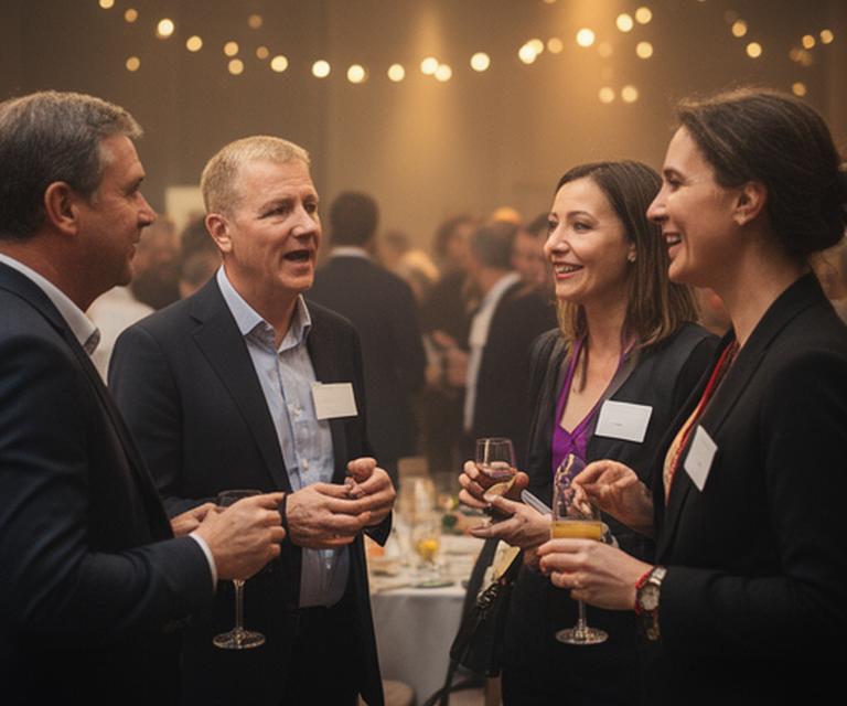 Business professionals speaking at a London networking event with name badges and warm lighting