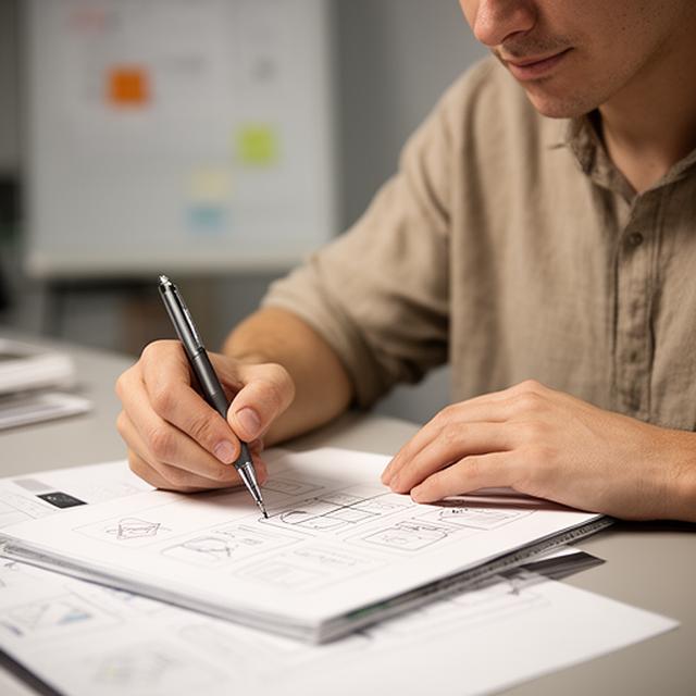 UX designer sketching a dashboard layout on a paper notepad in a calm studio space